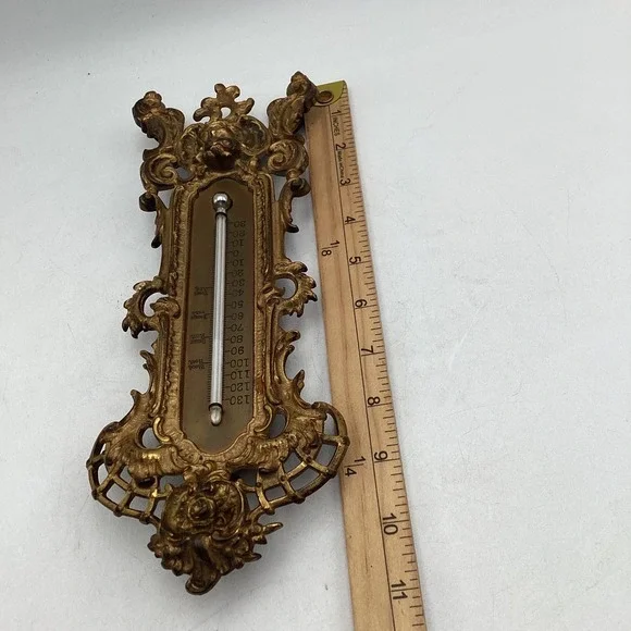 Antique Gilt Brass Cherub Desk Wall Thermometer Ornate Victorian - Picture 8 of 9